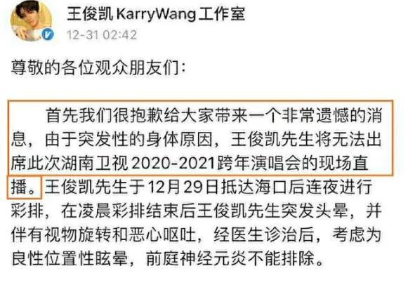 王俊凯工作室发布消息称21岁的王俊凯因身体不适决定退出跨年演唱会现场直播